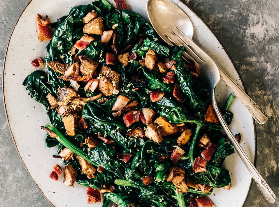 Wilted Spinach with Wild Mushrooms and Bacon